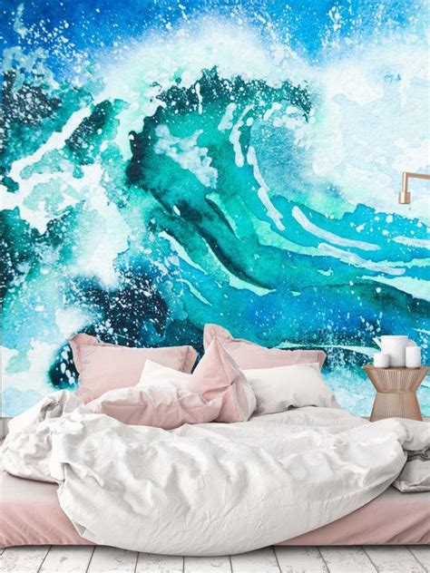 Removable Wallpaper Mural Peel & Stick Watercolor Painting Sea Wave ...