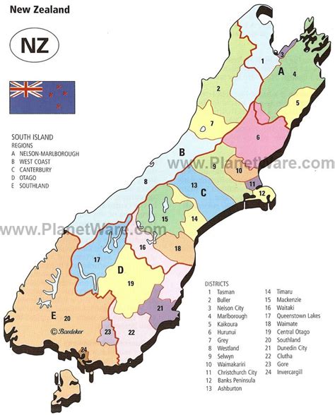 Map of New Zealand - South Island Regions and Districts | PlanetWare ...