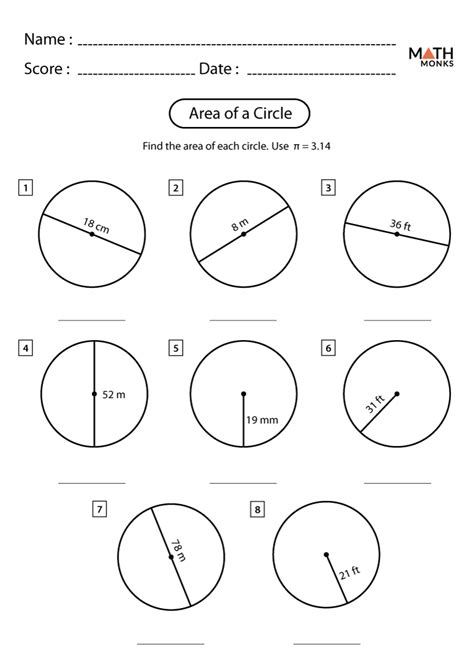 Area of a Circle Worksheets - Math Monks