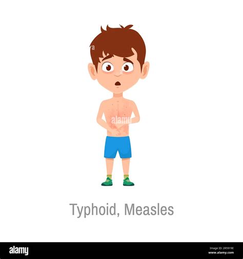 Typhoid measles kid disease. Isolated vector sick boy with red rash on ...