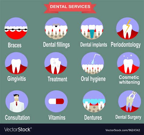 Types dental clinic services Royalty Free Vector Image