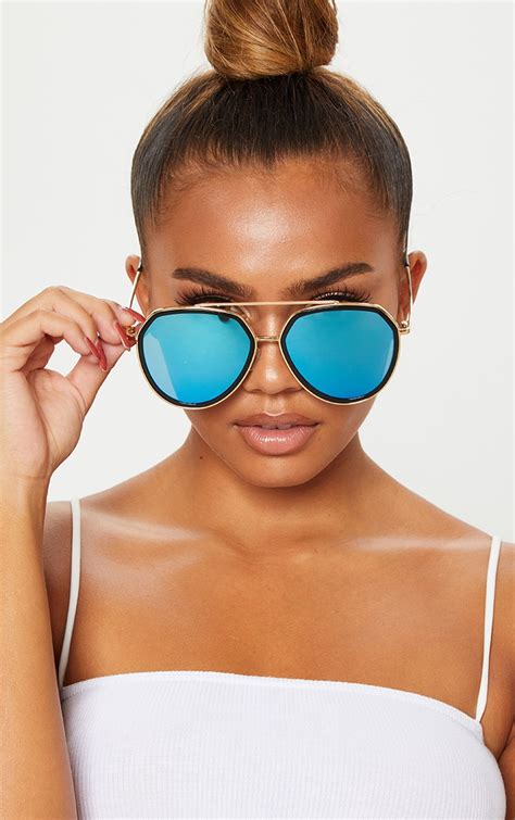 Blue Lens Gold Framed Angled Aviator | PrettyLittleThing