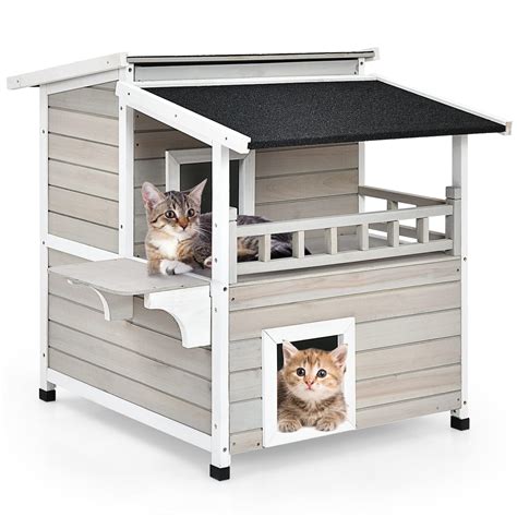 Buy TangkulaOutdoor Cat House Wooden, 2-Story Outside Cat Shelter Condo ...