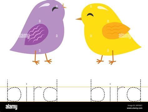 Trace word bird. English worksheet for kids. Cartoon cute colorful ...