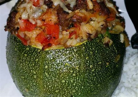 Round, Stuffed Zucchini with Brown Rice, Ground Beef, Red Pepper Recipe ...