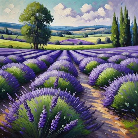 Premium Photo | A painting of lavender fields with a path in the middle.