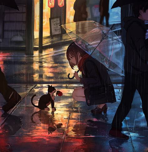 HD wallpaper: anime girls, cats, umbrella, urban, city, rain ...