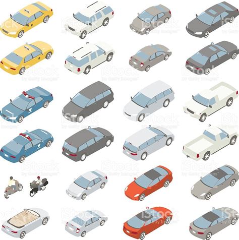 A variety of private passenger vehicles are illustrated in isometric ...