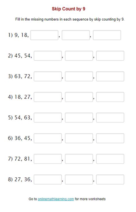 Skip Count by 9 Worksheet (Second Grade, printable, answers)