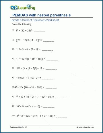 Grade 5 PEMDAS Worksheets | K5 Learning | K5 Learning