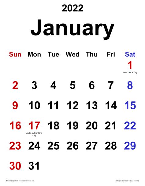 January 2022 Calendar Printable Free - Printable Word Searches