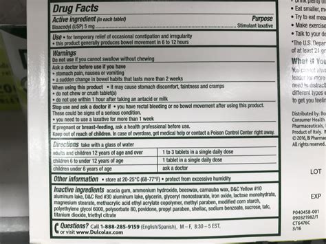 Dulcolax Gentle Overnight Laxative Drug Facts Ingredients List - Harvey ...