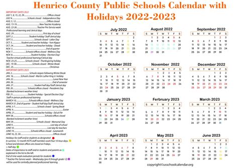 Henrico County Public Schools Calendar with Holidays 2022-2023