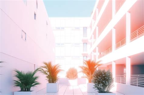 Premium AI Image | A courtyard with plants in front of a building