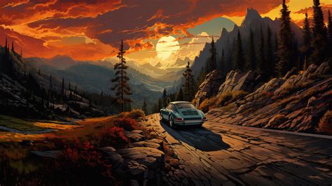 Car Road Forest Sunset Mountain 4K #8781m Wallpaper PC Desktop