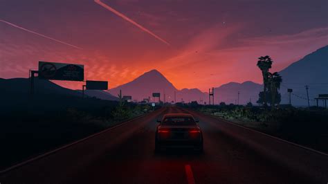 Wallpaper : Grand Theft Auto V, sunset, video games, car, road ...