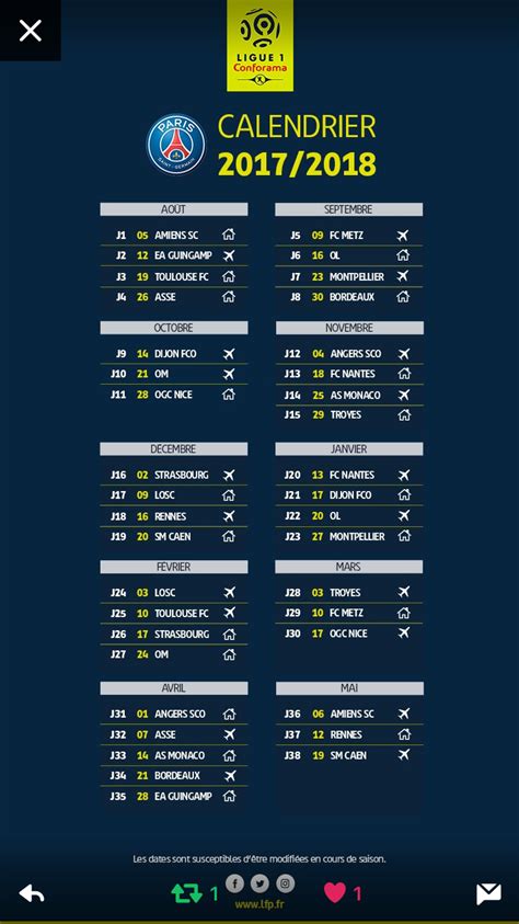 Calendrier Ligue 1 Conforama saison 2017/2018 du Paris Saint-Germain ...