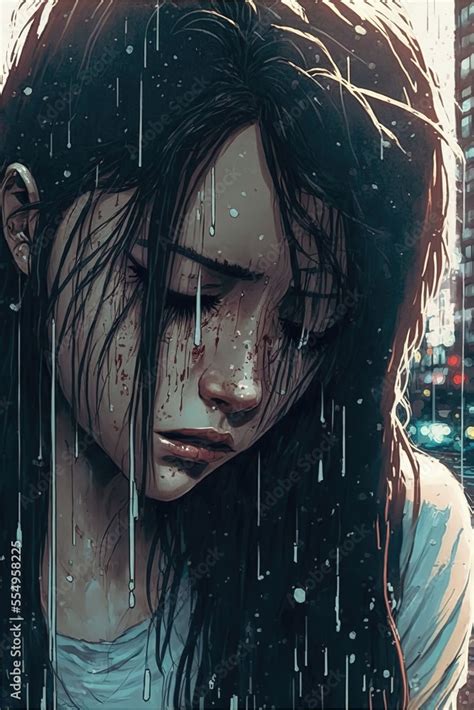 sad young girl crying while its raining, beautiful art, generative ai ...