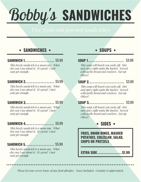 Sandwiches Menu - Venngage