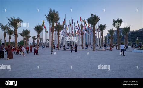 Doha corniche sunset view showing flags of the participating countries ...