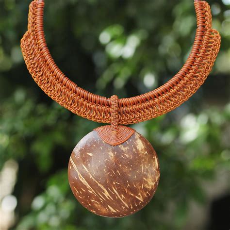 Burnt Orange Leather and Coconut Shell Statement Necklace - Rustic Moon ...