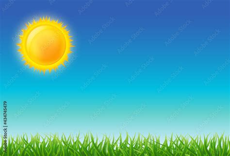 Cartoon bright sun on blue sky with green grass. vector illustration ...