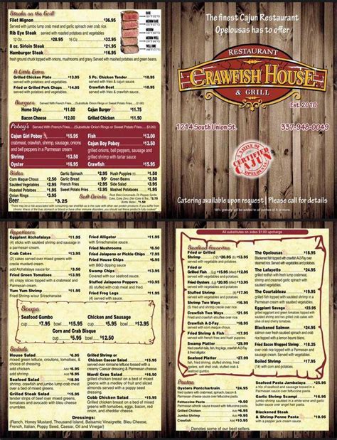 Menu at Crawfish House & Grill, LLC restaurant, Opelousas