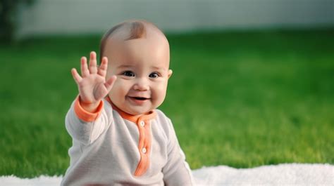 Premium Photo | Closeup of happy baby waving hello sitting on green ...