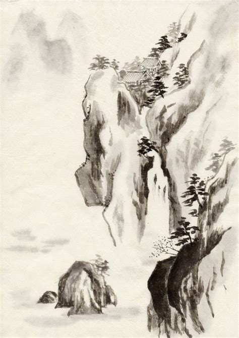 Chinese Ink and Brush Painting of Trees and Mountains Art Print by The ...