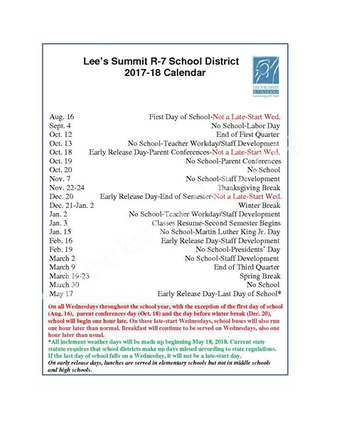 2017 - 2018 School Calendar | Lee's Summit R-VII School District – Lee ...