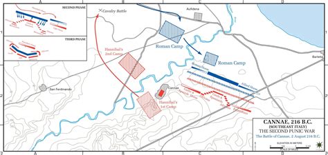 A map showing the different phases of the Battle of Cannae, 2nd Punic ...