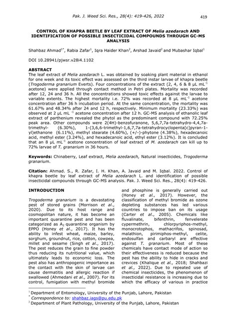 (PDF) Control of khapra beetle by leaf extract of Melia azedarach and ...