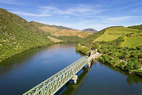 Douro railway bridge drone aerial view of river wine region in ...