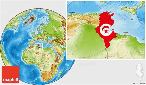 Flag Location Map of Tunisia, physical outside