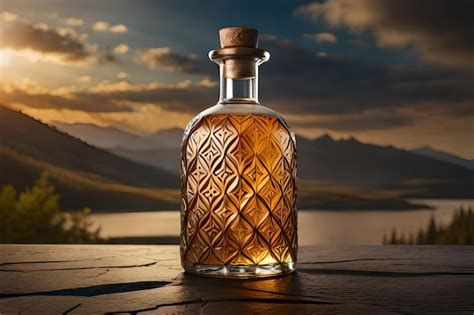 Premium AI Image | A bottle of alcohol with a background of mountains ...