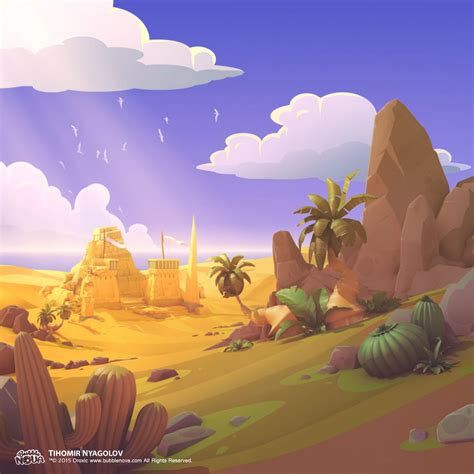 an animated desert scene with palm trees, rocks and buildings in the ...