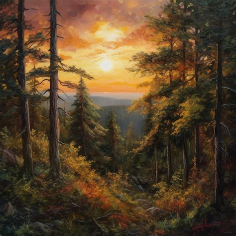 Premium AI Image | A painting of a forest with a sunset in the background.