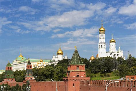 Russia, Moscow, Kremlin wall with towers and cathedrals stock photo