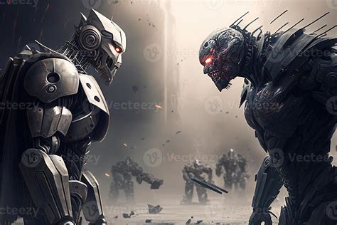 Robots fighting, robot fight illustration, Good vs evil android machine ...