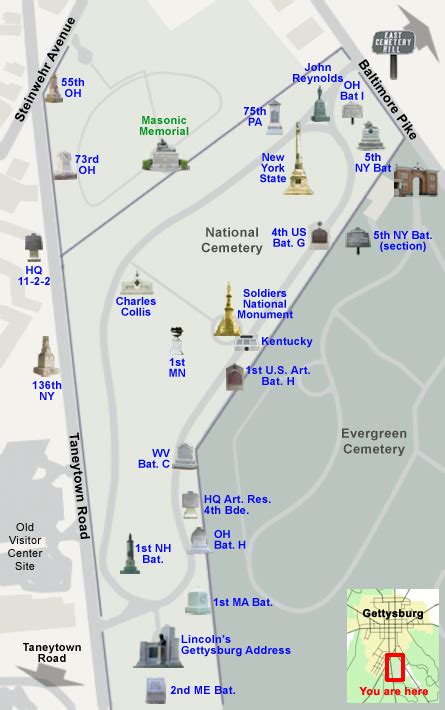 Tour map of the National Cemetery on the Gettysburg battlefield