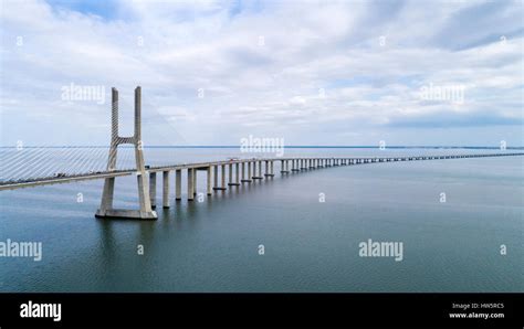 Aerial view of the Vasco da Gama Bridge over the Tagus River in Lisbon ...