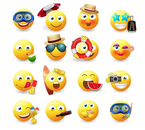 Emoji summer emoticon vector set. Emoticons in yellow icon with summer ...