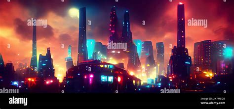 Cyberpunk neon city night. Futuristic city scene in a style of pixel ...