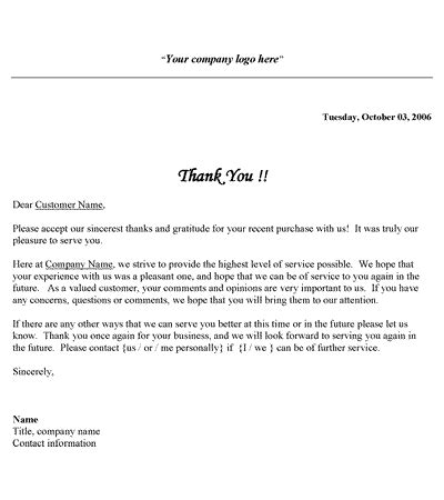 Free Printable Business Thank You Letter Template