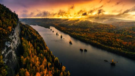 River And Forest Sunset Drone View Wallpaper, HD Nature 4K Wallpapers ...