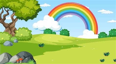 Premium Vector | Nature scene background with rainbow in the sky