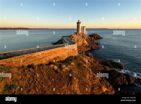 France, Finistere, the lighthouse of the Petit Minou at sunset Stock ...