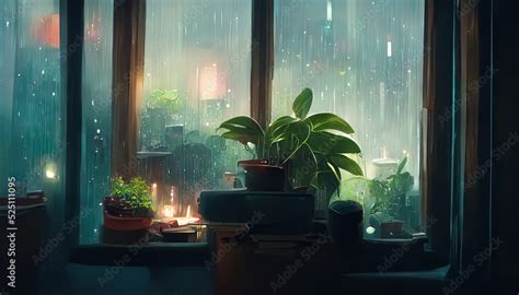 Lofi empty interior. Window view of a rainy day, anime, manga style ...