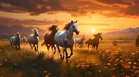 Premium AI Image | Horses running in meadow at sunset