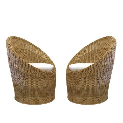 Pair of Woven Wicker Pod Chairs with Haitian Cotton Seat Cushions at ...